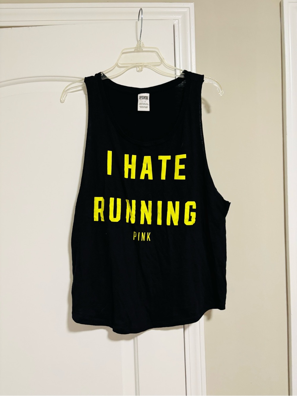 PINK, Black Tank Top with Yellow 'I HATE RUNNING' Graphic, Size Large